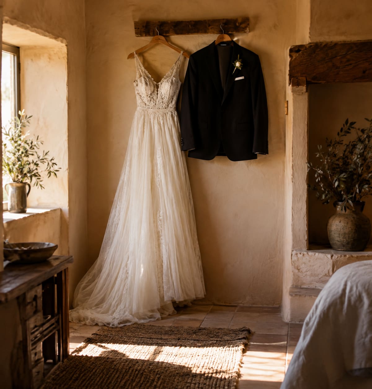 An ivory gown and a black suit jacket hang side by side on a wooden peg against a sunlit adobe wall