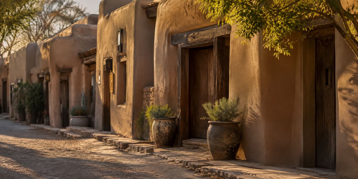 A quiet Santa Fe street lined with adobe buildings and wooden doorways, warm late afternoon light casting long shadows