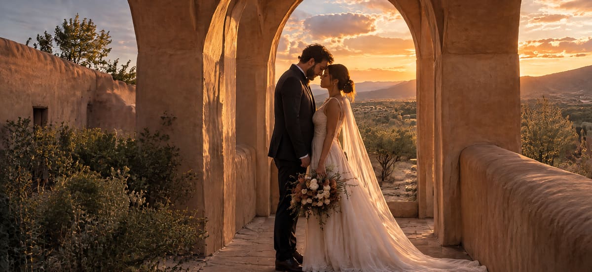 A bride and groom stand forehead to forehead beneath sunlit adobe arches, the sunset glowing over the desert hills behind them