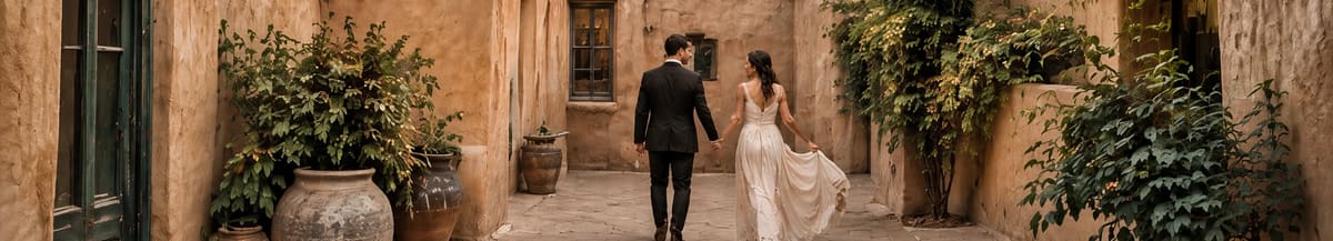 A couple in a dark suit and an ivory gown walk hand in hand through a warm adobe courtyard lined with clay pots and climbing plants