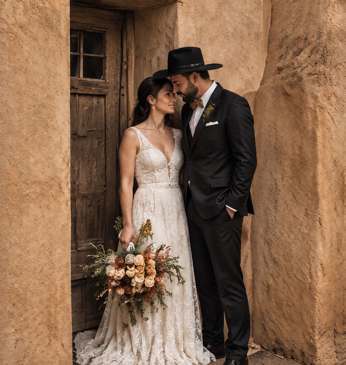 A bride in a lace gown holding a bouquet of dried flowers leans into a groom in a black suit and wide-brimmed hat beside an old wooden door in an adobe wall