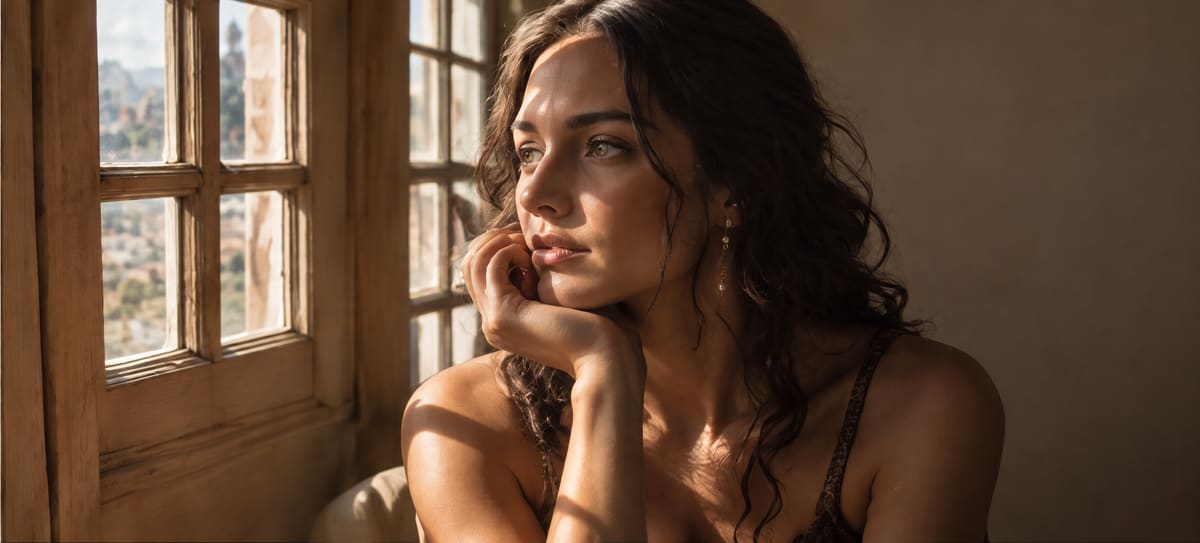 A woman with dark curly hair rests her chin on her hand, lit by soft light from a wooden window