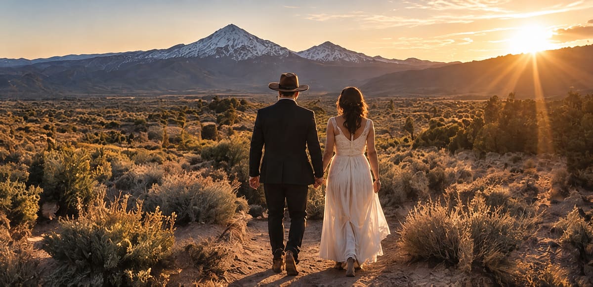 A couple walks hand in hand away from the camera through sage brush toward snow-capped mountains at sunset